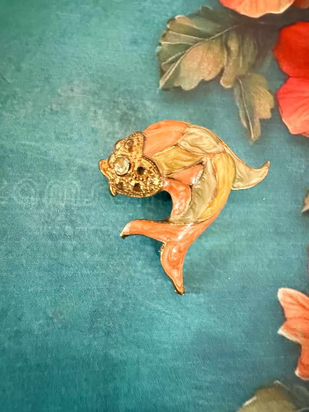 Gold and Coral Fish Ornament Brooch - Decorative Fish Pin